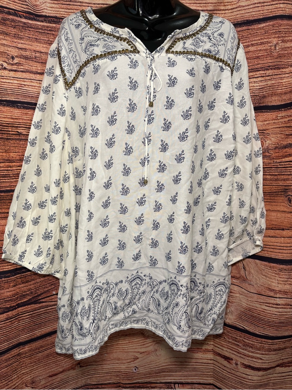 Catherines White Tunic with Navy Paisley Print & Metallic Trim